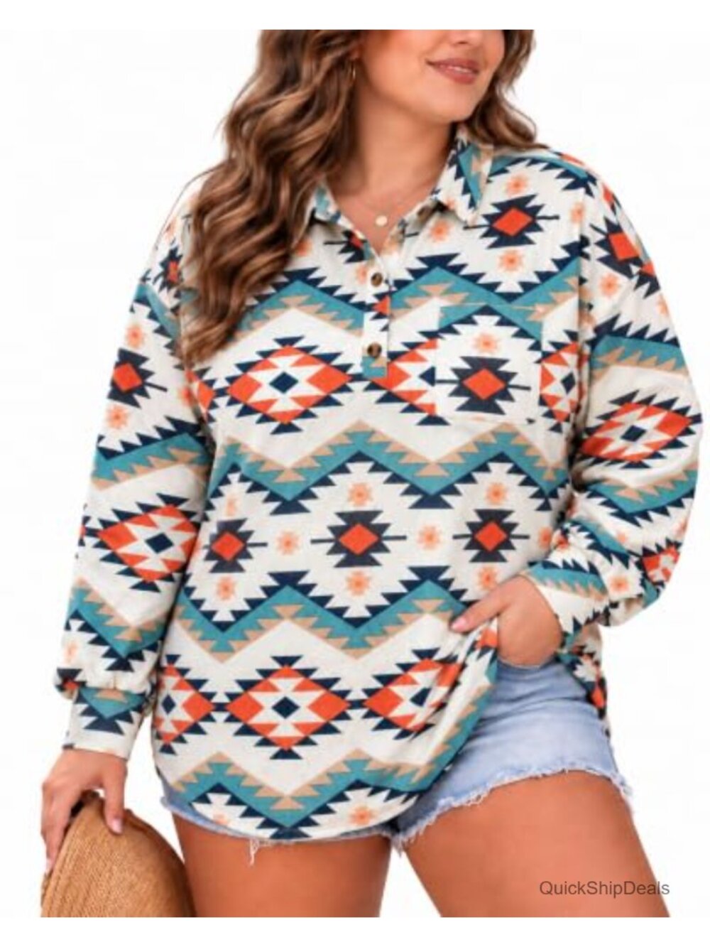 Plus Size Corduroy Shirt Half Button Long Sleeve Henley Top